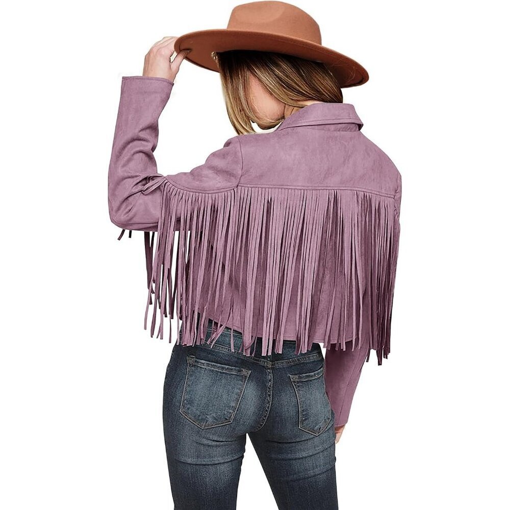 Women's Purple Fringe Faux Suede Leather Jackets Fall Fashion Tassel Motorcycle
